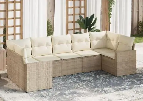 Set canapele de grădină, 7 piese, cu perne, bej, poliratan - 1/3