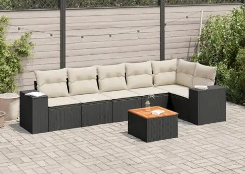 Set canapele de grădină cu perne, 7 piese, negru, poliratan - 1/3