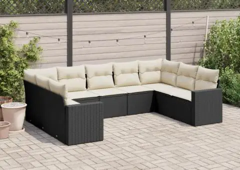 Set mobilier de grădină cu perne, 9 piese, negru, poliratan - 1/3