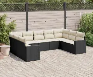 vidaXL Set mobilier de grădină cu perne, 9 piese, negru, poliratan