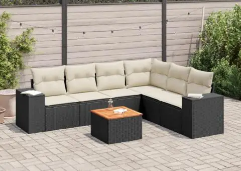 Set canapele de grădină cu perne, 7 piese, negru, poliratan - 1/3