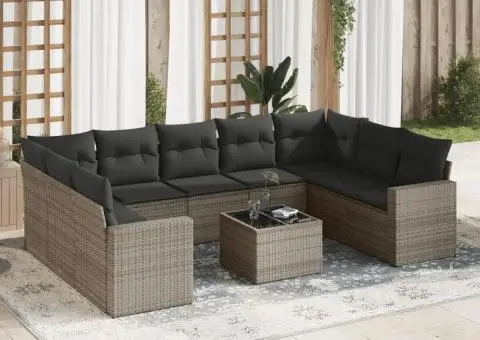 Set mobilier de grădină cu perne, 10 piese, gri, poliratan - 1/3