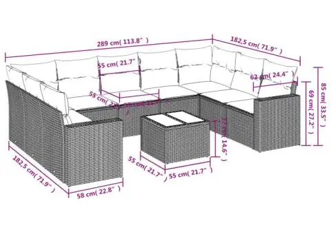 Set mobilier de grădină cu perne, 10 piese, gri, poliratan - 3/3