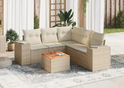 Set canapele de grădină cu perne, 6 piese, bej, poliratan - 1/3