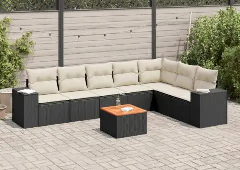 Set mobilier de grădină cu perne, 8 piese, negru, poliratan - 1/3