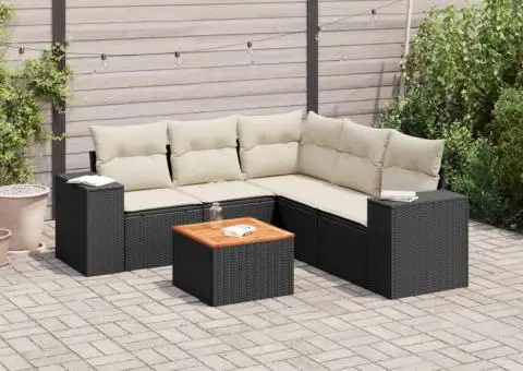 Set mobilier de grădină cu perne, 6 piese, negru, poliratan - 1/3