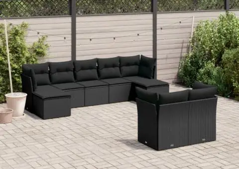 Set mobilier de grădină cu perne, 9 piese, negru, poliratan - 1/3