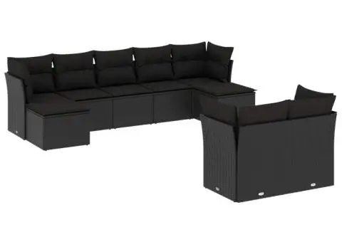 Set mobilier de grădină cu perne, 9 piese, negru, poliratan - 2/3