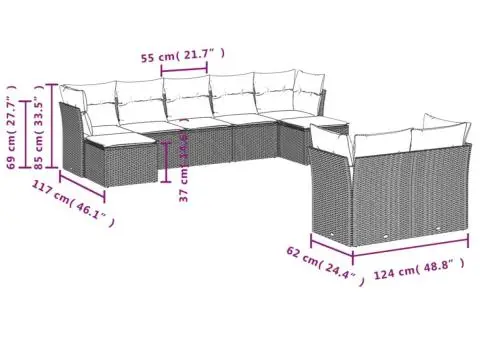 Set mobilier de grădină cu perne, 9 piese, negru, poliratan - 3/3