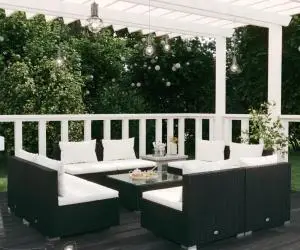 vidaXL Set mobilier de grădină cu perne, 9 piese, negru, poliratan