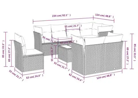 Set canapele de grădină, 9 piese, cu perne, bej, poliratan - 3/3