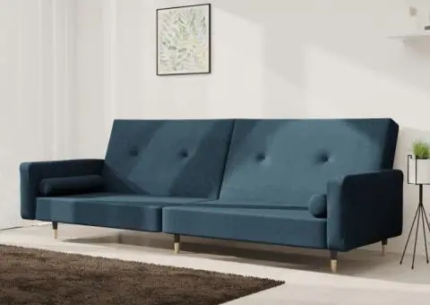 Canapea extensibilă cu 2 locuri, 2 perne, albastru, catifea - 1/5