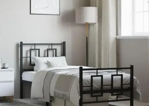 Cadru pat metalic cu tăblii de cap/picioare, negru, 75x190 cm - 1/5