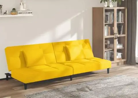 Canapea extensibilă cu 2 locuri, 2 perne, galben, catifea - 1/5