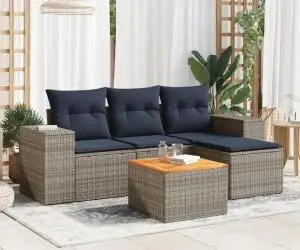 vidaXL Set canapea de grădină cu perne, 5 piese, gri, poliratan