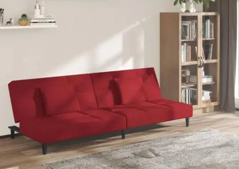 Canapea extensibilă cu 2 locuri, 2 perne, roșu vin, catifea - 1/5