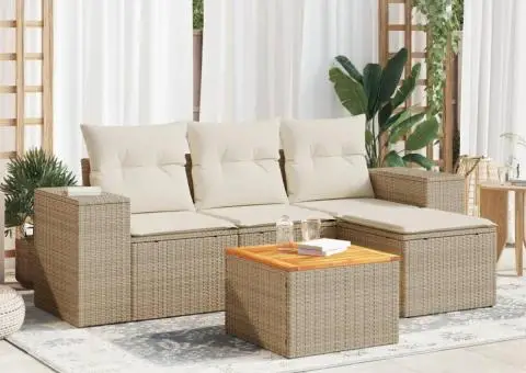 Set canapele de grădină cu perne, 5 piese, bej, poliratan - 1/3