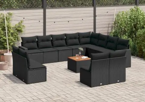 Set mobilier de grădină cu perne, 13 piese, negru, poliratan - 1/3