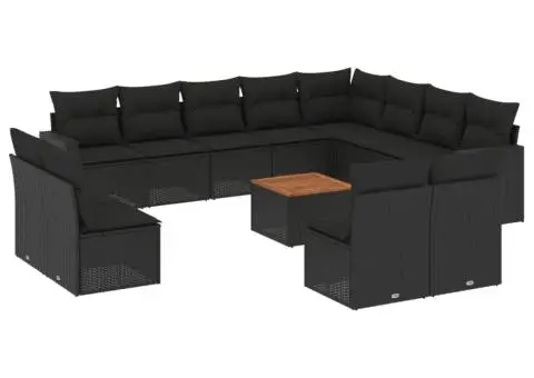 Set mobilier de grădină cu perne, 13 piese, negru, poliratan - 2/3