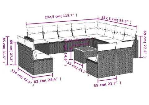 Set mobilier de grădină cu perne, 13 piese, negru, poliratan - 3/3