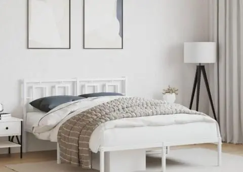 Cadru de pat metalic cu tăblie, alb, 135x190 cm - 1/5