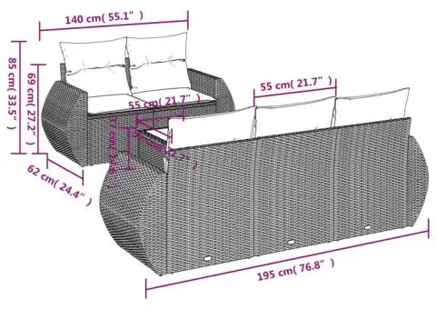 Set mobilier grădină cu perne, 6 piese, gri, poliratan - 3/3