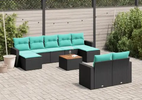 Set canapele de grădină cu perne, 10 piese, negru, poliratan - 1/3