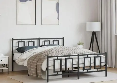 Cadru pat metalic cu tăblie de cap/picioare, negru, 150x200 cm - 1/5