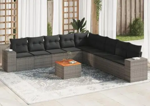 Set mobilier de grădină cu perne, 10 piese, gri, poliratan - 1/3