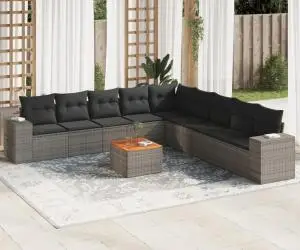 vidaXL Set mobilier de grădină cu perne, 10 piese, gri, poliratan