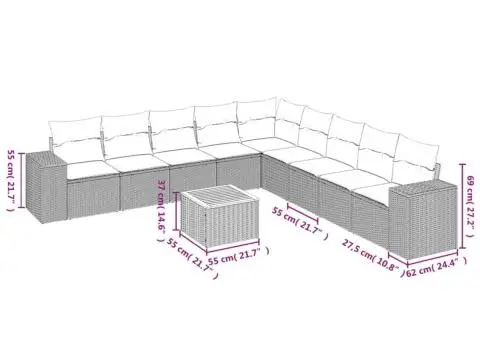 Set mobilier de grădină cu perne, 10 piese, gri, poliratan - 3/3