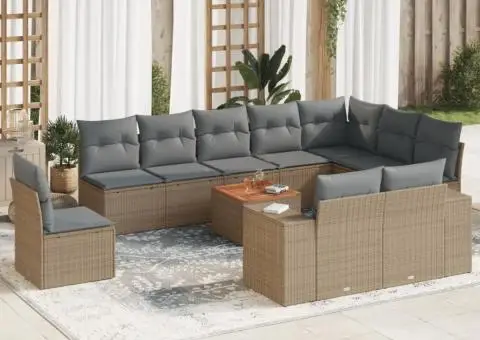 Set canapele de grădină cu perne, 11 piese, bej, poliratan - 1/3