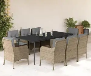 vidaXL Set de masă pentru grădină, 9 piese, cu perne, bej, poliratan