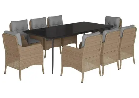 Set de masă pentru grădină, 9 piese, cu perne, bej, poliratan - 2/5