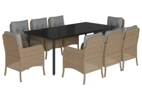 Set de masă pentru grădină, 9 piese, cu perne, bej, poliratan - 2/5