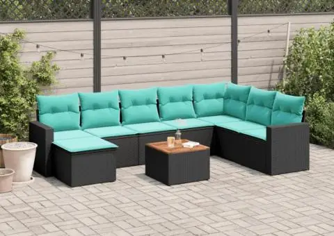 Set mobilier de grădină cu perne, 9 piese, negru, poliratan - 1/3