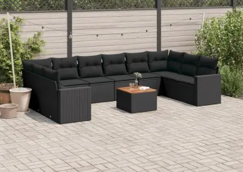 Set canapele de grădină cu perne, 11 piese, negru, poliratan - 1/3