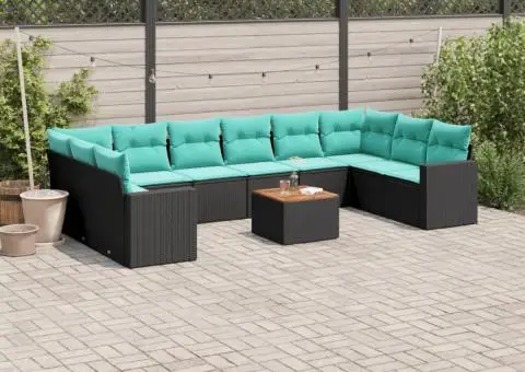 Set canapele de grădină cu perne, 11 piese, negru, poliratan - 1/3