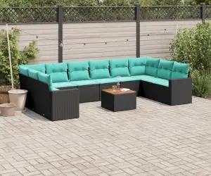 vidaXL Set canapele de grădină cu perne, 11 piese, negru, poliratan