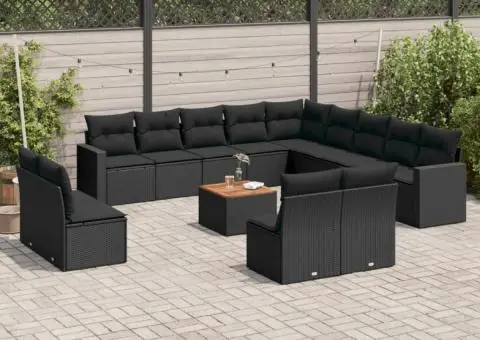 Set mobilier de grădină cu perne, 14 piese, negru, poliratan - 1/3