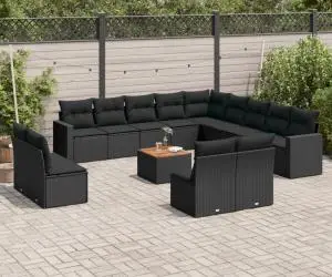 vidaXL Set mobilier de grădină cu perne, 14 piese, negru, poliratan