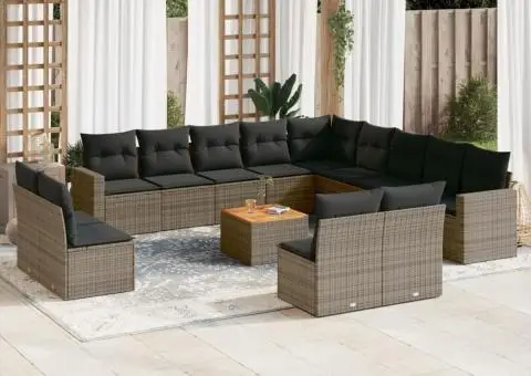 Set mobilier de grădină cu perne, 14 piese, gri, poliratan - 1/3