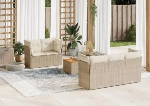 Set canapele de grădină cu perne, 6 piese, bej, poliratan - 1/3