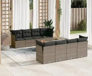 vidaXL Set canapele de grădină, 9 piese, cu perne, gri, poliratan