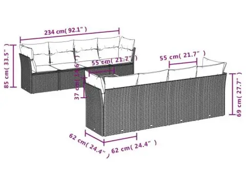 Set canapele de grădină, 9 piese, cu perne, gri, poliratan - 3/3