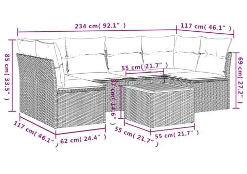 Set canapele de grădină cu perne, 7 piese, negru, poliratan - 3/3