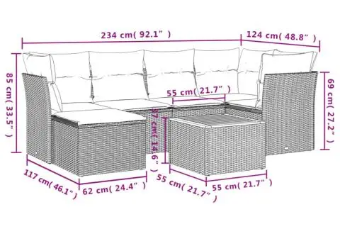 Set canapele de grădină cu perne, 7 piese, negru, poliratan - 3/3