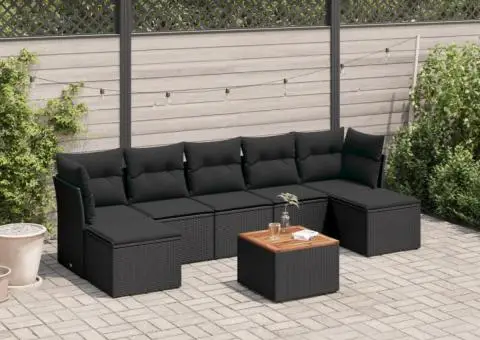 Set mobilier de grădină cu perne, 8 piese, negru, poliratan - 1/3