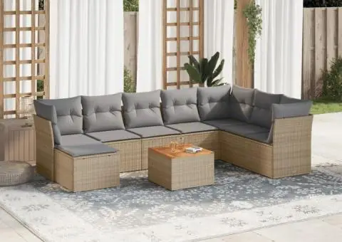 Set canapele de grădină, 9 piese, cu perne, bej, poliratan - 1/3