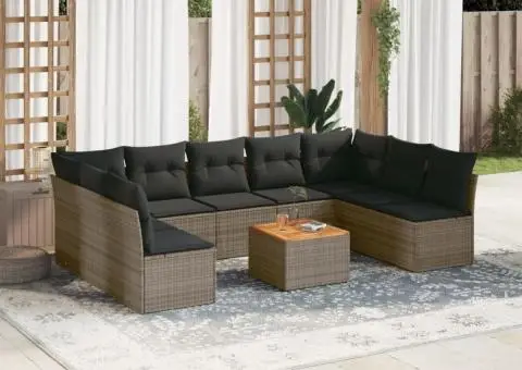 Set mobilier de grădină cu perne, 10 piese, gri, poliratan - 1/3